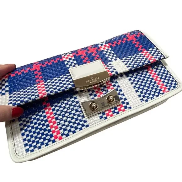 Kate spade clutch purse with dustbag blue white pink woven plaid front flap chic
